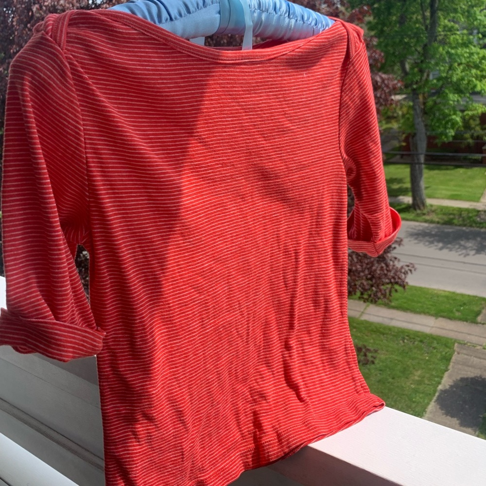 Red and white striped boatneck 3/4 length sleeve retro top